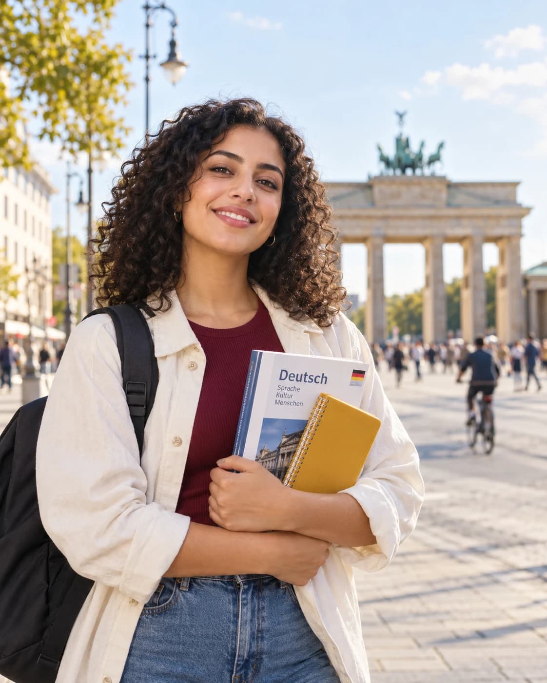 Visuel d’illustration généré : une étudiante avec ses livres d’allemand à Berlin